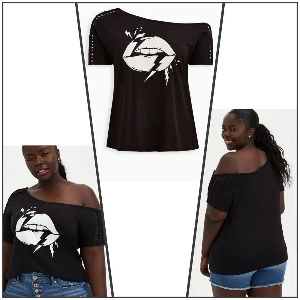 Torrid Lattice Off Shoulder Tee - Heritage Slub Lips Black Size 0 = L